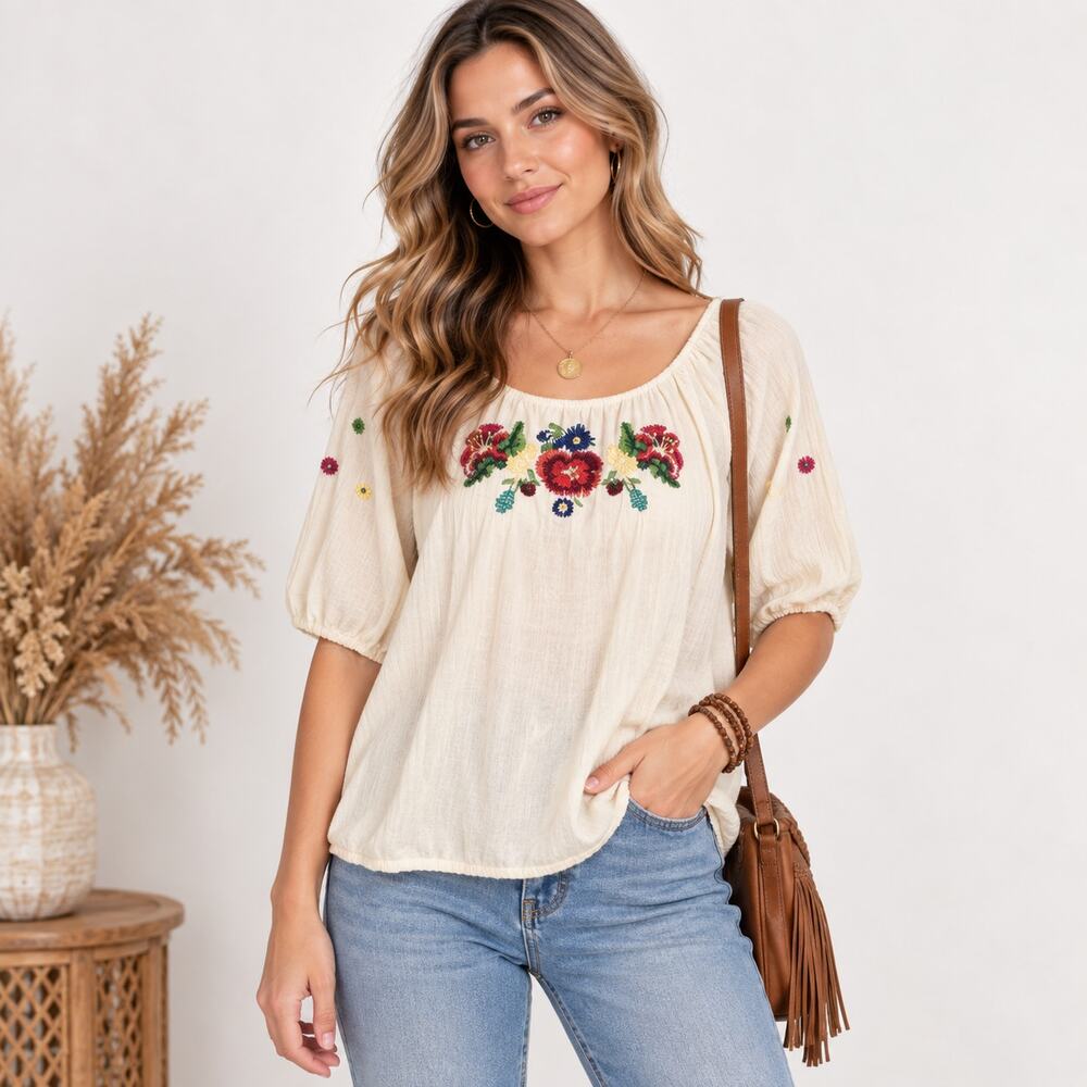 RXB Knit Top Women's Size S Embroidered Floral Ivory 100% Cotton Casual Boho